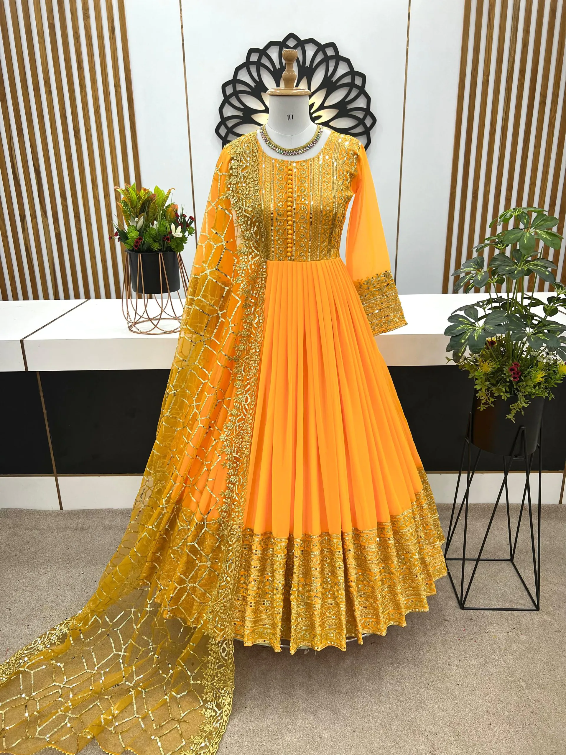 ZSR 3059 Yellow Color Georgette Embroidery Sequence Work Gown Casual, Wedding, Party, Festive, Events Etc. Expected Delivery 4-6 Working Days 2050/- | Bollywood Gowns, Creative Gowns, Designer Gowns, Embroidered Gowns, Gowns, Party Wear Gowns