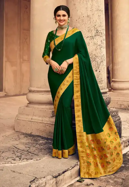 Exemplary Dark Green Saree : Georgette Work : Digital Print With Heavy Embroidered Lace Border Blouse : Banglori Silk Daily, Casual, Festive @1899/- | Bollywood Sarees, Creative Sarees, Designer Sarees, Embroidered Sarees, Ethnic Saree, Modern Digital sarees, Party Wear Sarees, Sarees