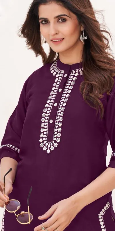 INLI Zia Purple Color Heavy Rayon With Embroidery work Kurti Casual, Wedding, Party, Festive, Events Etc. Expected Delivery 4-6 Working Days @1299/- | Bollywood Kurti, Creative Kurtis, Designer Kurti, Kurti, Party Wear Kurti, Selfie Kurti