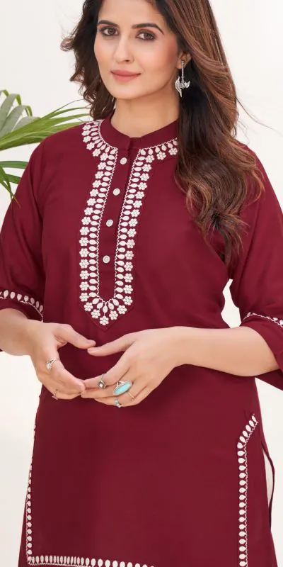 INLI Zia Wine Color Rayon With Embroidery work Kurti Casual, Wedding, Party, Festive, Events Etc. Expected Delivery 4-6 Working Days @1299/- | Bollywood Kurti, Creative Kurtis, Designer Kurti, Kurti, Party Wear Kurti, Selfie Kurti