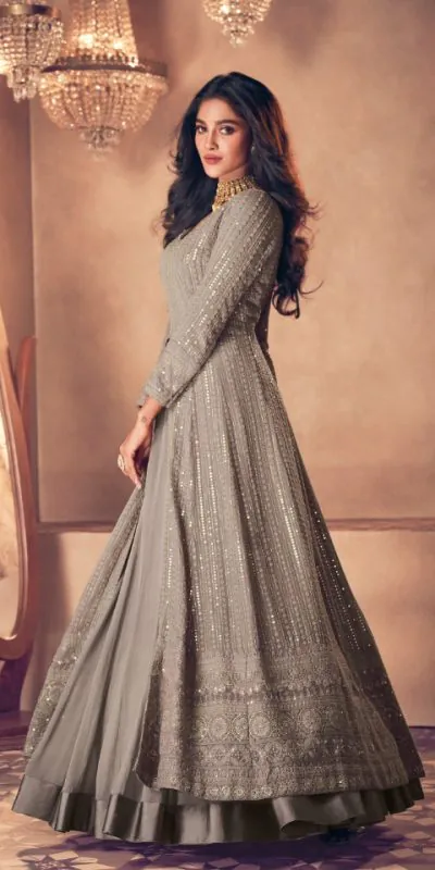 FC:-122 Grey color heavy Georgette with Embroidery And Santoon Work Classic Designer Suit Wedding,Party,Festive@2399/- Only | Anarkali Suits, Bollywood Anarkali, Creative-Anarkali, Designer Anarkali, Embroidered Anarkali, Party Wear Anarkali