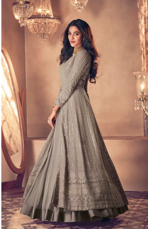 FC:-122 Grey color heavy Georgette with Embroidery And Santoon Work Classic Designer Suit Wedding,Party,Festive@2399/- Only | Anarkali Suits, Bollywood Anarkali, Creative-Anarkali, Designer Anarkali, Embroidered Anarkali, Party Wear Anarkali