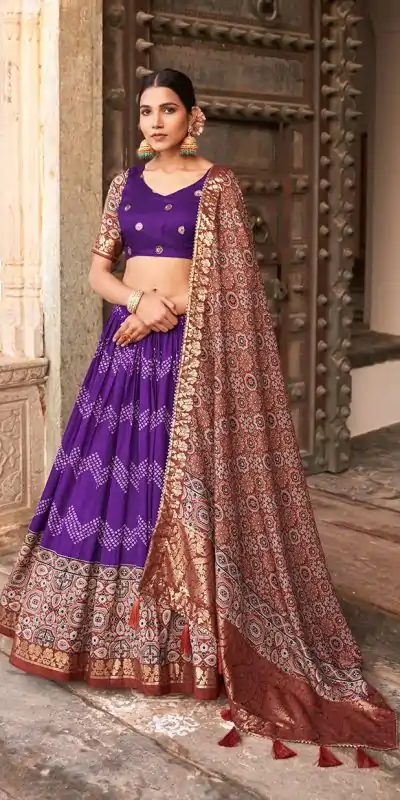 LNB 1614 Purple Color Tussar Silk Dot And Ajarakh & Drawstring With Foil Printed & Heavy Tassels Lehenga Choli   Expected Delivery 4-6 Working Days 2449/- | Bollywood Lehenga, Creative Lehenga, Designer Lehenga, Embroidered Lehenga, Lehenga, Party Wear Lehenga