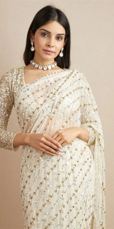 JR 602 White Color Georgette Embroidery Sequence Work Saree Casual, Party Wear, Wedding, Events Etc. Expected Delivery 4-6 Working Days @1649/- | Bollywood Sarees, Creative Sarees, Designer Sarees, Embroidered Sarees, Ethnic Saree, Modern Digital sarees, Party Wear Sarees, Sarees