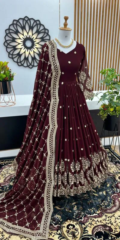 ZF 359 Dark Brown Color Georgette Embroidery Sequence Work Gown Casual, Wedding, Party, Festive, Events Etc. Expected Delivery 4-6 Working Days @1999/- | Bollywood Gowns, Creative Gowns, Designer Gowns, Embroidered Gowns, Gowns, Party Wear Gowns