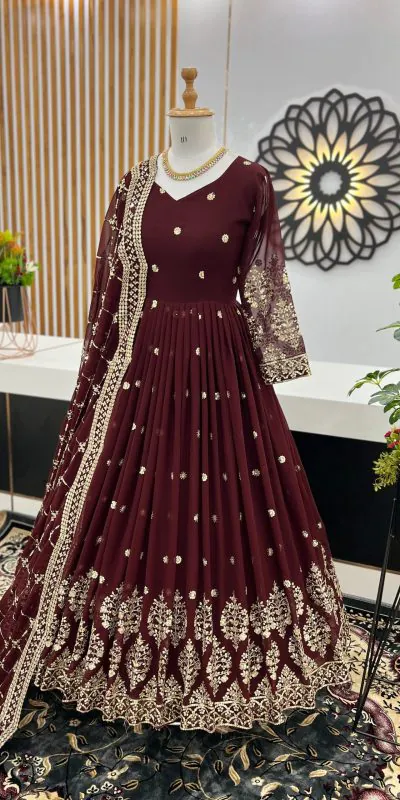 ZF 359 Dark Brown Color Georgette Embroidery Sequence Work Gown Casual, Wedding, Party, Festive, Events Etc. Expected Delivery 4-6 Working Days @1999/- | Bollywood Gowns, Creative Gowns, Designer Gowns, Embroidered Gowns, Gowns, Party Wear Gowns