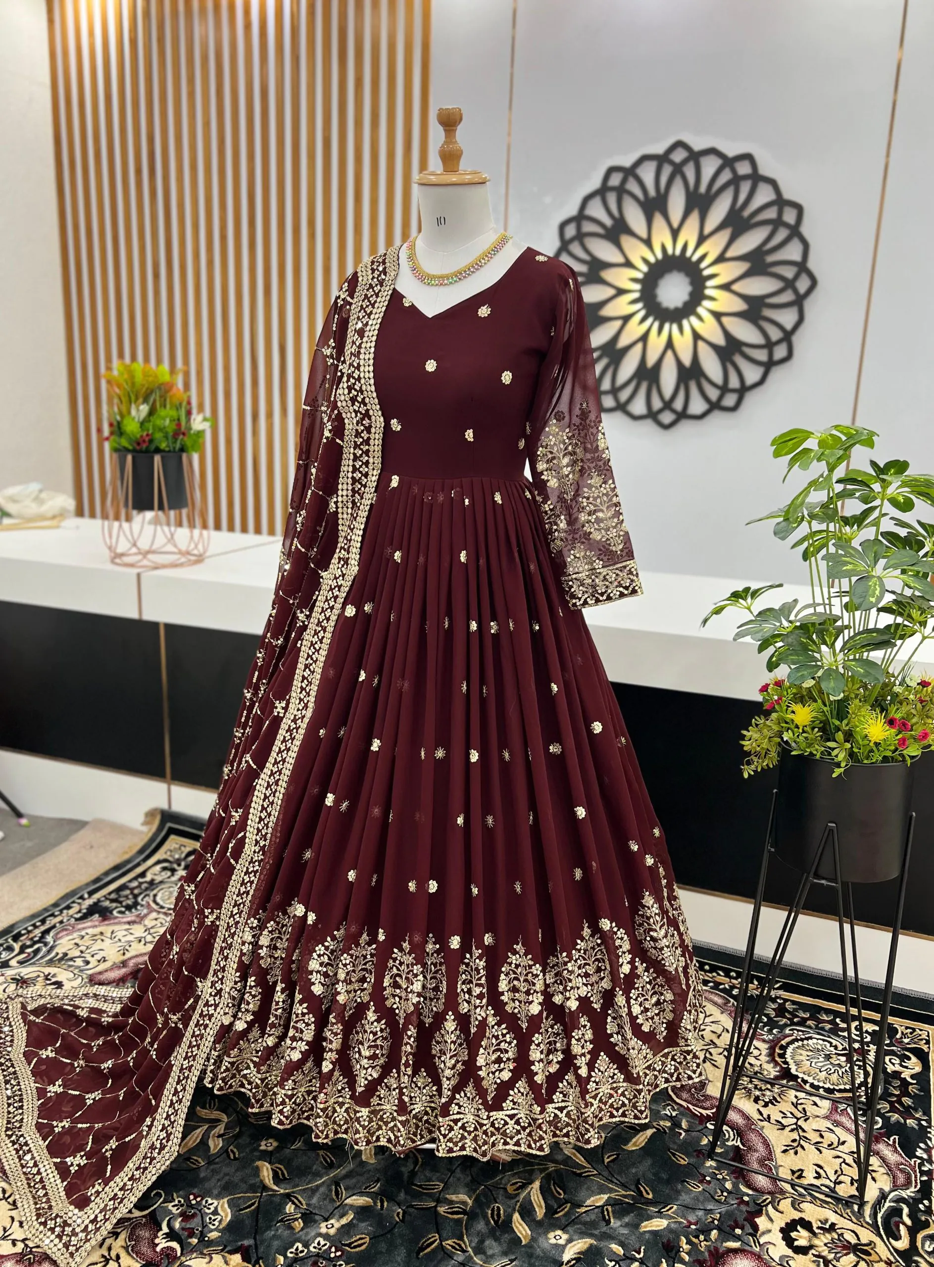 ZF 359 Dark Brown Color Georgette Embroidery Sequence Work Gown Casual, Wedding, Party, Festive, Events Etc. Expected Delivery 4-6 Working Days @1999/- | Bollywood Gowns, Creative Gowns, Designer Gowns, Embroidered Gowns, Gowns, Party Wear Gowns