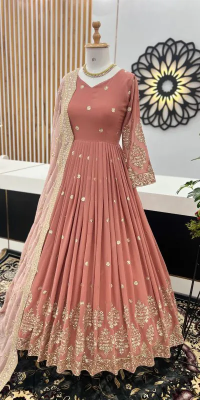 ZF 359 Peach Color Georgette Embroidery Sequence Work Gown Casual, Wedding, Party, Festive, Events Etc. Expected Delivery 4-6 Working Days @1999/- | Bollywood Gowns, Creative Gowns, Designer Gowns, Embroidered Gowns, Gowns, Party Wear Gowns