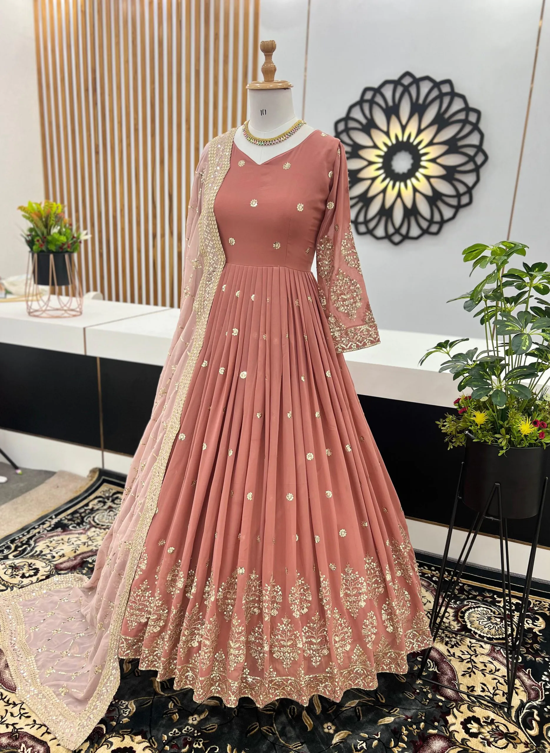 ZF 359 Peach Color Georgette Embroidery Sequence Work Gown Casual, Wedding, Party, Festive, Events Etc. Expected Delivery 4-6 Working Days @1999/- | Bollywood Gowns, Creative Gowns, Designer Gowns, Embroidered Gowns, Gowns, Party Wear Gowns