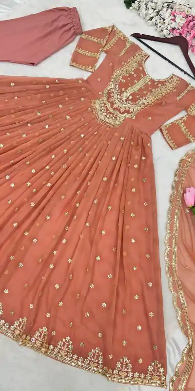 ZSR-3021 Peach Color Gown : Fox Georgette Work : Embroidery Sequence Work Inner : Micro Cotton Traditional Wear, Wedding, Festive, Events. @1999/- | Bollywood Gowns, Creative Gowns, Designer Gowns, Embroidered Gowns, Gowns, Party Wear Gowns