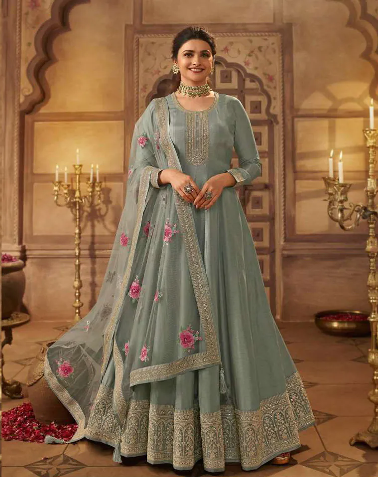 FC Noor Grey Gown Dola Silk Embroidery Sequence Work Anarkali Suit Wedding, Party, Festive events, etc.  Expected Delivery  4-6 Working Days @2399/- Only | Anarkali Suits, Bollywood Anarkali, Creative-Anarkali, Designer Anarkali, Embroidered Anarkali, Party Wear Anarkali