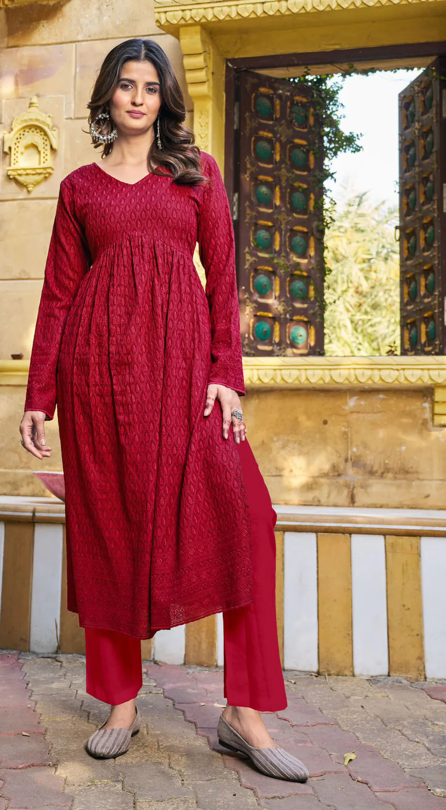 INLI Schiffli Red Color Heavy Rayon with Schiffli Work Kurti Casual, Wedding, Party, Festive, Events Etc. Expected Delivery 4-6 Working Days @1699/- | Bollywood Kurti, Creative Kurtis, Designer Kurti, Kurti, Party Wear Kurti, Selfie Kurti