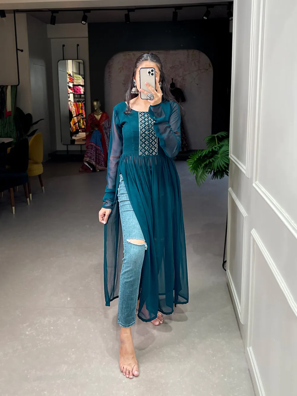 YNF 3501 Peacock Blue Color Georgette Sequins Embroidery work Kurti Casual, Wedding, Party, Festive, Events Etc. Expected Delivery 4-6 Working Days @1399/- | Bollywood Kurti, Creative Kurtis, Designer Kurti, Kurti, Party Wear Kurti, Selfie Kurti