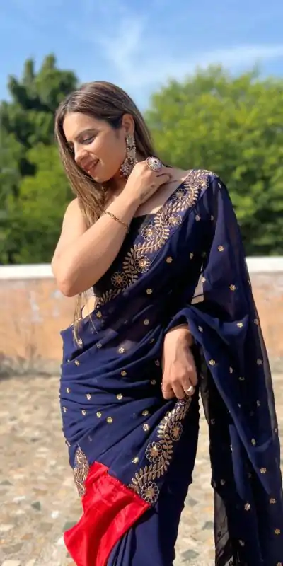 JR 612 Navy Blue Color Georgette With Embroidery Work Saree Casual, Party Wear, Wedding, Events Etc. Expected Delivery 4-6 Working Days 1649/- | Bollywood Sarees, Creative Sarees, Designer Sarees, Embroidered Sarees, Ethnic Saree, Modern Digital sarees, Party Wear Sarees, Sarees