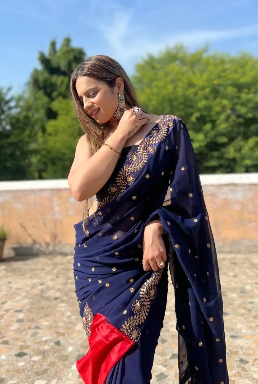 JR 612 Navy Blue Color Georgette With Embroidery Work Saree Casual, Party Wear, Wedding, Events Etc. Expected Delivery 4-6 Working Days 1649/- | Bollywood Sarees, Creative Sarees, Designer Sarees, Embroidered Sarees, Ethnic Saree, Modern Digital sarees, Party Wear Sarees, Sarees