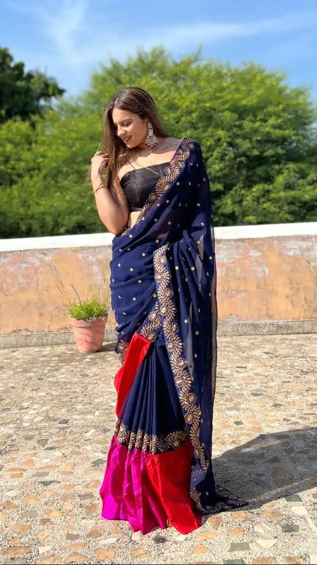 JR 612 Navy Blue Color Georgette With Embroidery Work Saree Casual, Party Wear, Wedding, Events Etc. Expected Delivery 4-6 Working Days 1649/- | Bollywood Sarees, Creative Sarees, Designer Sarees, Embroidered Sarees, Ethnic Saree, Modern Digital sarees, Party Wear Sarees, Sarees