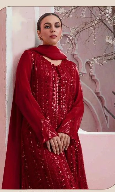 DS 001255 Red Color Georgette Embroidered Straight Pakistani Salwar Suit Casual, Wedding, Festive, Events Etc. Expected Delivery 4-6 Working Days @1949/- | Jump Suits, Casual Suits, Creative suits, Designer Suits, Palazzo Suits, Party Wear Suits, Patiala Suits, Salwar suit, Straight Suits