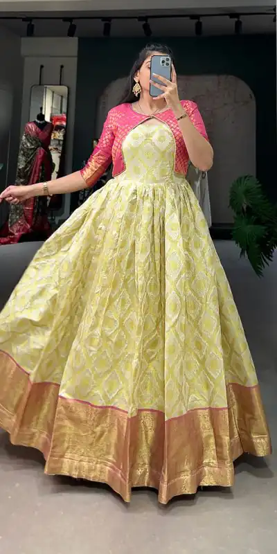YNF 5301 Yellow Color Gown : Georgette Work : Printed Casual, Wedding, Festive, Events, Designer Party Wear, White Gown @1649/- | Bollywood Gowns, Creative Gowns, Designer Gowns, Embroidered Gowns, Gowns, Party Wear Gowns