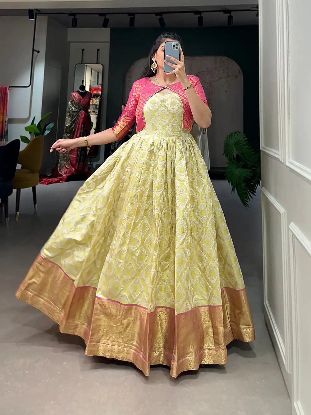 YNF 5301 Yellow Color Gown : Georgette Work : Printed Casual, Wedding, Festive, Events, Designer Party Wear, White Gown @1649/- | Bollywood Gowns, Creative Gowns, Designer Gowns, Embroidered Gowns, Gowns, Party Wear Gowns