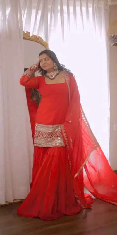 RTC 5662 Red Color Faux Georgette thread Sequence Work Sharara Suit Casual, Wedding, Party, Festive, Events Etc. Expected Delivery 4-6 Working Days @1949/- | Jump Suits, Casual Suits, Creative suits, Designer Suits, Palazzo Suits, Party Wear Suits, Patiala Suits, Salwar suit, Straight Suits