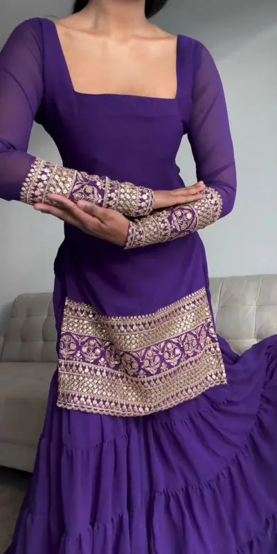 RTC 5662 Voilet Color Faux Georgette thread Sequence Work Sharara Suit Casual, Wedding,, Festive, Events Etc. Expected Delivery 4-6 Working Days @1949/- | Jump Suits, Casual Suits, Creative suits, Designer Suits, Palazzo Suits, Party Wear Suits, Patiala Suits, Salwar suit, Straight Suits