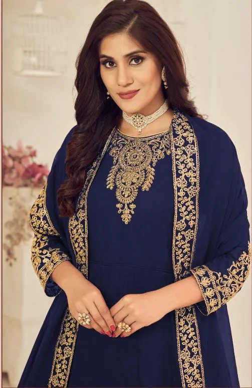 DS 1123 Blue color Georgette Cording Stone Work Anarkali Suit Wedding, Party, Festive, Events Etc. Expected Delivery 4-6 Working Days @2199/- | Anarkali Suits, Bollywood Anarkali, Creative-Anarkali, Designer Anarkali, Embroidered Anarkali, Party Wear Anarkali