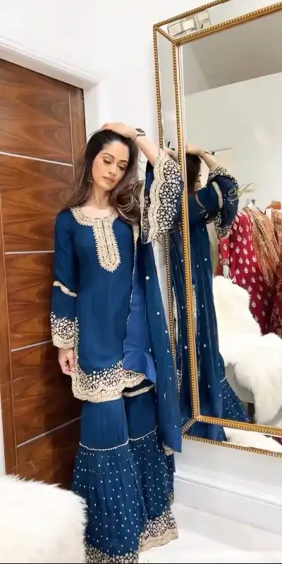 NSR 797 Royal Blue Color Faux Georgette Embroidery Work Sharara Suit Casual, Wedding, Party, Festive, Events Etc. Expected Delivery 4-6 Working Days 2099/- | Jump Suits, Casual Suits, Creative suits, Designer Suits, Palazzo Suits, Party Wear Suits, Patiala Suits, Salwar suit, Straight Suits