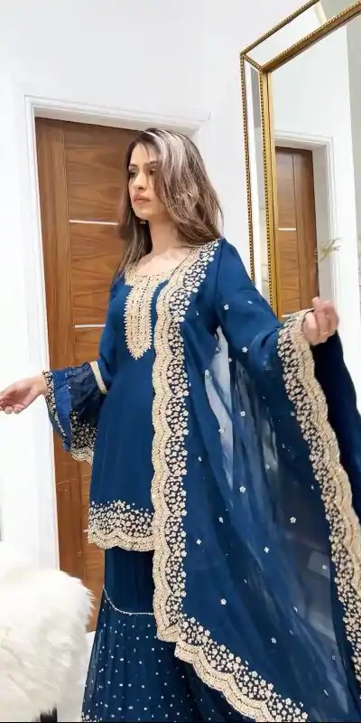 NSR 797 Royal Blue Color Faux Georgette Embroidery Work Sharara Suit Casual, Wedding, Party, Festive, Events Etc. Expected Delivery 4-6 Working Days 2099/- | Jump Suits, Casual Suits, Creative suits, Designer Suits, Palazzo Suits, Party Wear Suits, Patiala Suits, Salwar suit, Straight Suits