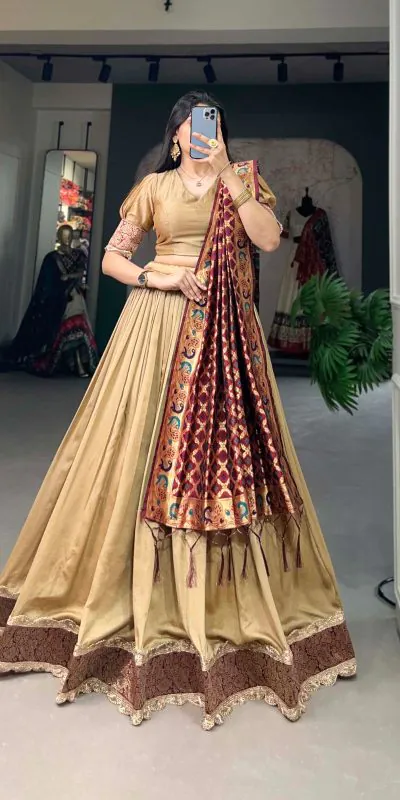 LNB2014 Chickoo Color Vichitra Silk Jacquard Lace Lehenga Choli Traditional, Festive, Party, Wedding, Events,etc. Expected Delivery 4-6 Working Days @1999/- | Bollywood Lehenga, Creative Lehenga, Designer Lehenga, Embroidered Lehenga, Lehenga, Party Wear Lehenga