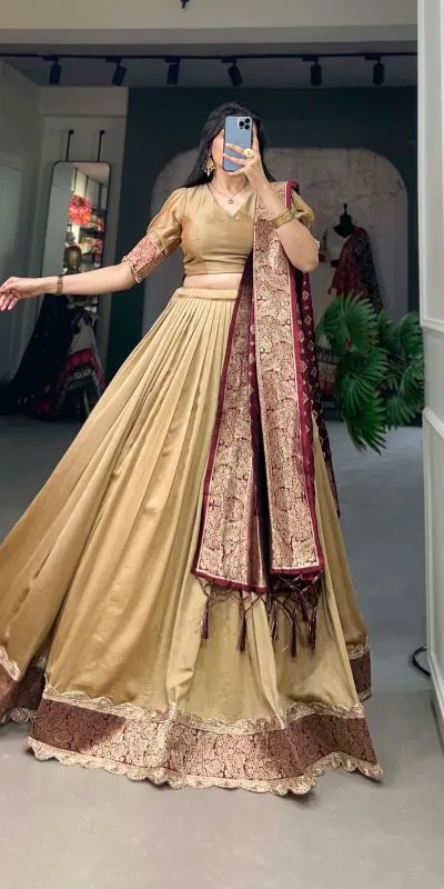 LNB2014 Chickoo Color Vichitra Silk Jacquard Lace Lehenga Choli Traditional, Festive, Party, Wedding, Events,etc. Expected Delivery 4-6 Working Days @1999/- | Bollywood Lehenga, Creative Lehenga, Designer Lehenga, Embroidered Lehenga, Lehenga, Party Wear Lehenga