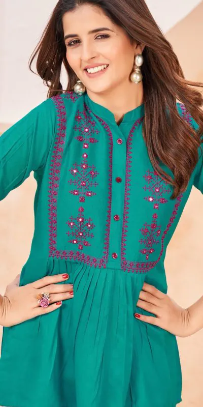 INLI Bubbly Peacock Green Color Heavy Rayon With Embroidery work Kurti Casual, Wedding, Party, Festive, Events Etc. Expected Delivery 4-6 Days @999/- | Bollywood Kurti, Creative Kurtis, Designer Kurti, Kurti, Party Wear Kurti, Selfie Kurti