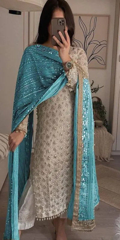 LG 1816 White Color Sequence Work Salwar Suit With Sky blue Dupatta Casual, Wedding, Festive, Events Etc. Expected Delivery 4-6 Working Days @2349/- | Casual Suits, Creative suits, Designer Suits, Party Wear Suits, Patiala Suits, Salwar suit, Straight Suits
