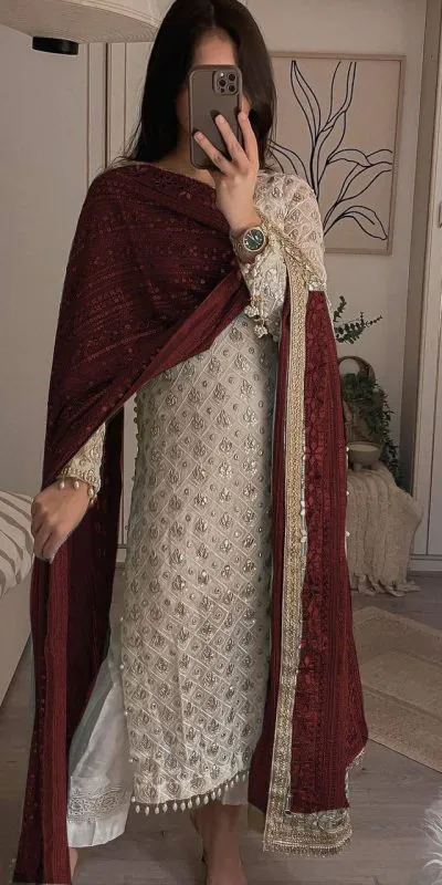 LG 1816 White Color Sequence Work Salwar Suit With Maroon Dupatta Casual, Wedding, Festive, Events Etc. Expected Delivery 4-6 Working Days @2349/- | Casual Suits, Creative suits, Designer Suits, Party Wear Suits, Patiala Suits, Salwar suit, Straight Suits