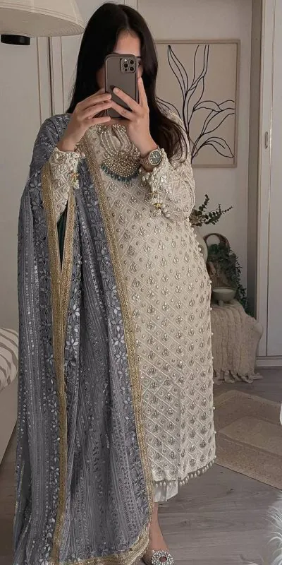 LG 1816 White Color Sequence Work Salwar Suit With Violet Dupatta Casual, Wedding, Festive, Events Etc. Expected Delivery 4-6 Working Days @2349/- | Casual Suits, Creative suits, Designer Suits, Party Wear Suits, Patiala Suits, Salwar suit, Straight Suits