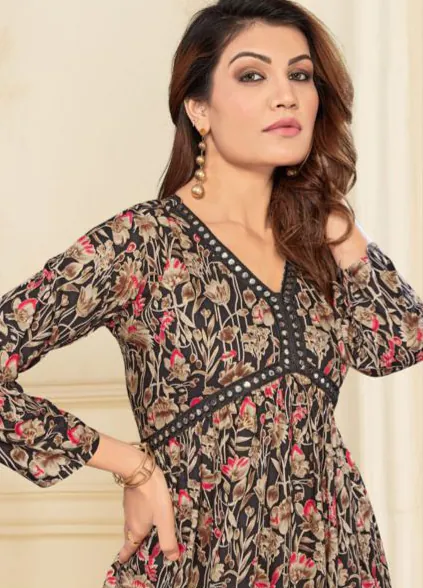 INLI  Alia Black Color Heavy Rayon Print with Foil Work Kurti Casual, Wedding, Party, Festive, Events Etc. Expected Delivery 4-6 Days @1299/- | Bollywood Kurti, Creative Kurtis, Designer Kurti, Kurti, Party Wear Kurti, Selfie Kurti