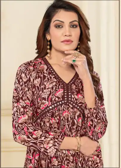 INLI Alia Coffee Color Heavy Rayon Print with Foil Work Kurti Casual, Wedding, Party, Festive, Events Etc. Expected Delivery 4-6 Days @1299/- | Bollywood Kurti, Creative Kurtis, Designer Kurti, Kurti, Party Wear Kurti, Selfie Kurti