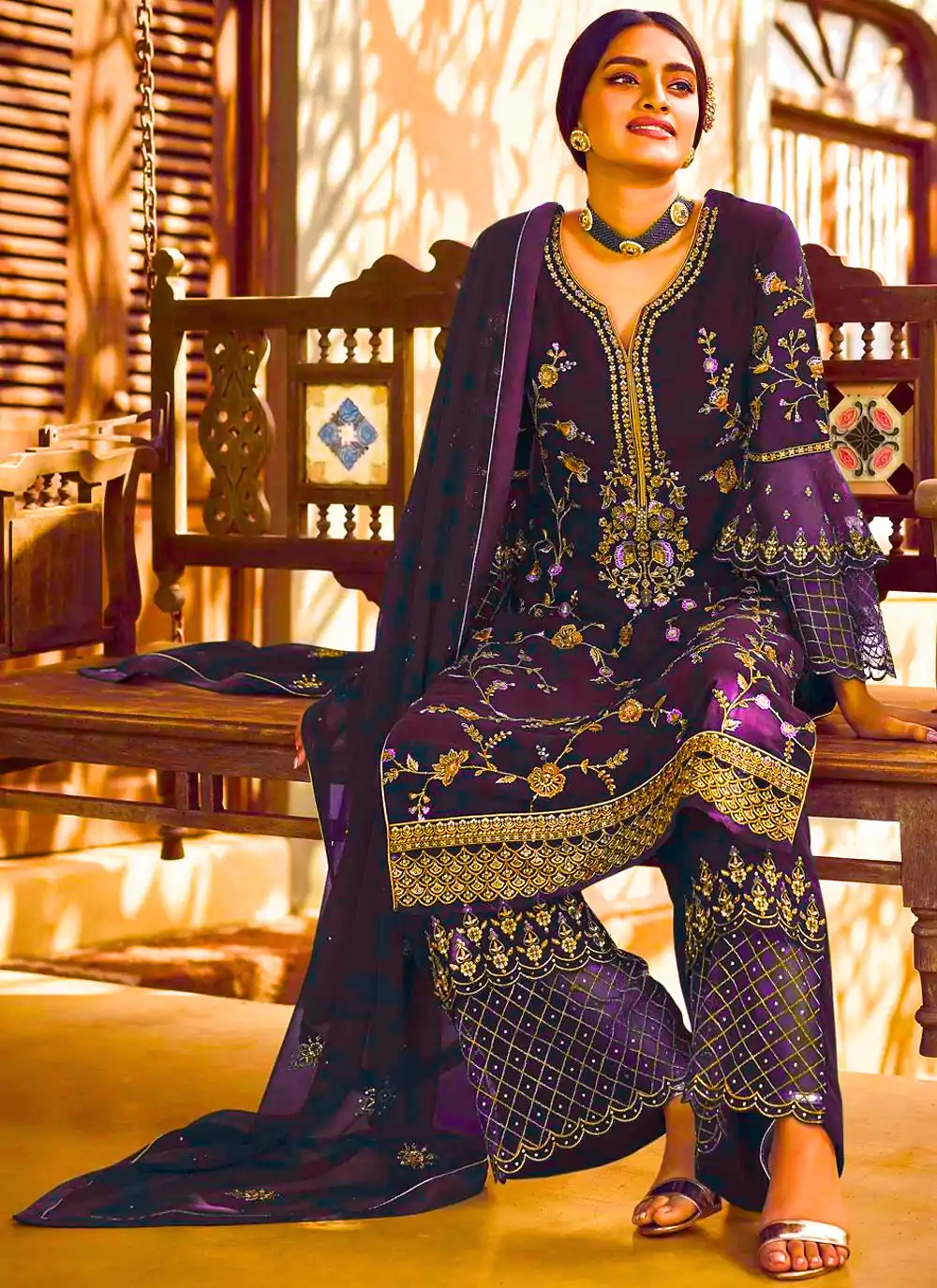 Fc 22987 Purple Color Georgette Embroidery Stone Work Sharara Suit Wedding, Party, Festive Expected Delivery 4-6 Working Days @2149/- | Jump Suits, Casual Suits, Creative suits, Designer Suits, Palazzo Suits, Party Wear Suits, Patiala Suits, Salwar suit, Straight Suits