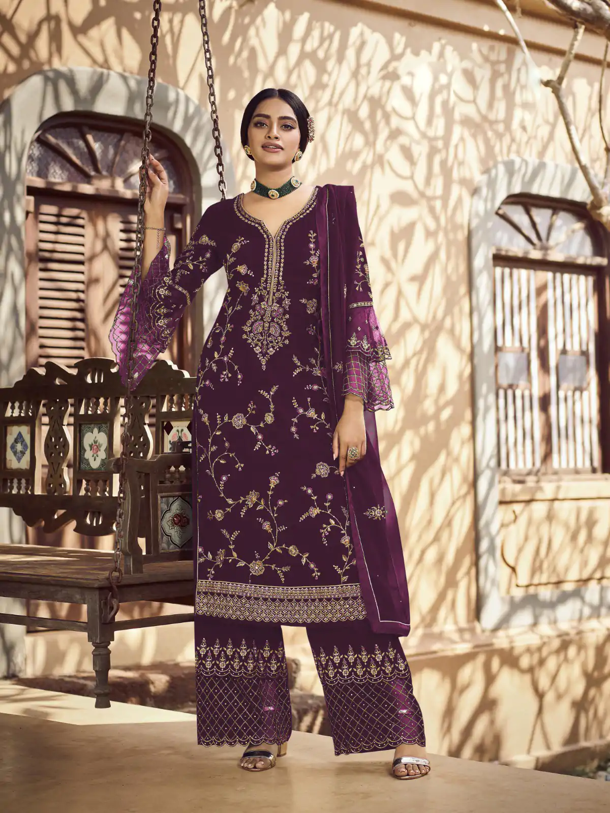 Fc 22987 Purple Color Georgette Embroidery Stone Work Sharara Suit Wedding, Party, Festive Expected Delivery 4-6 Working Days @2149/- | Jump Suits, Casual Suits, Creative suits, Designer Suits, Palazzo Suits, Party Wear Suits, Patiala Suits, Salwar suit, Straight Suits