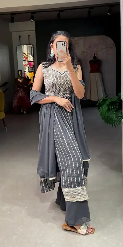 YNF 3503 GREY Color Top : Georgette Work : Embroidery Sequence Work Inner : Micro Cotton .Traditional Wear, Events. @1849/- | Bollywood Gowns, Creative Gowns, Designer Gowns, Embroidered Gowns, Gowns, Party Wear Gowns