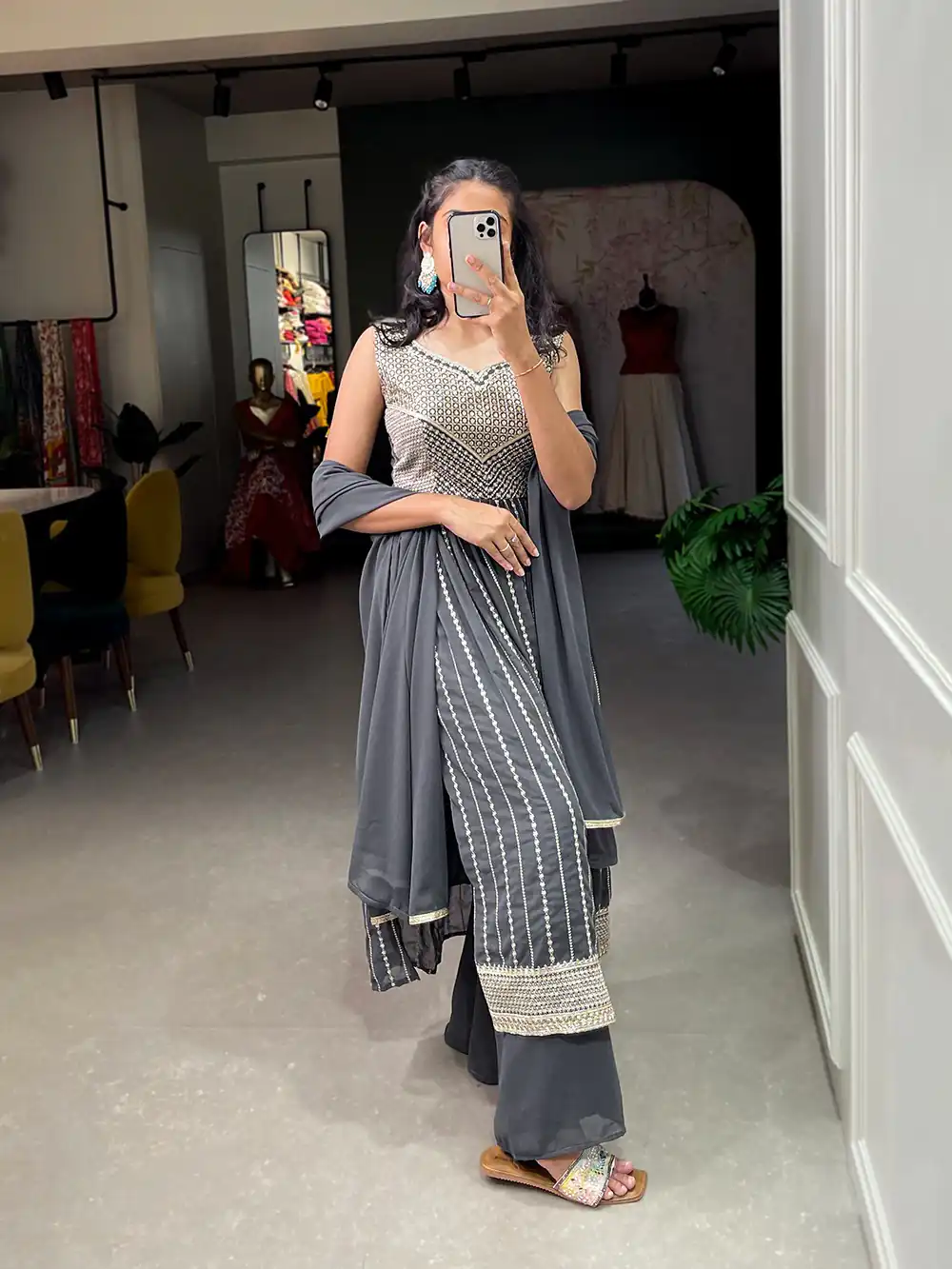 YNF 3503 GREY Color Top : Georgette Work : Embroidery Sequence Work Inner : Micro Cotton .Traditional Wear, Events. @1849/- | Bollywood Gowns, Creative Gowns, Designer Gowns, Embroidered Gowns, Gowns, Party Wear Gowns