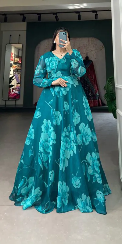 YNF 5011 Pine Green Color Chiffon Floral Printed Party Wear Gown Casual, Wedding, Party, Festive, Events Etc. Expected Delivery 4-6 Working Days @1499/- | Bollywood Gowns, Creative Gowns, Designer Gowns, Embroidered Gowns, Gowns, Party Wear Gowns