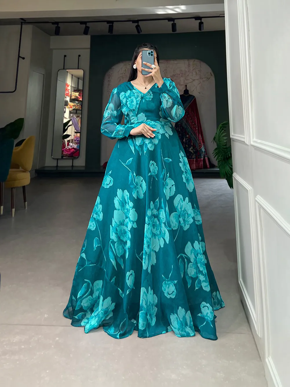YNF 5011 Pine Green Color Chiffon Floral Printed Party Wear Gown Casual, Wedding, Party, Festive, Events Etc. Expected Delivery 4-6 Working Days @1499/- | Bollywood Gowns, Creative Gowns, Designer Gowns, Embroidered Gowns, Gowns, Party Wear Gowns