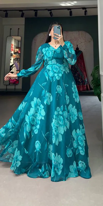 YNF 5011 Pine Green Color Chiffon Floral Printed Party Wear Gown Casual, Wedding, Party, Festive, Events Etc. Expected Delivery 4-6 Working Days @1499/- | Bollywood Gowns, Creative Gowns, Designer Gowns, Embroidered Gowns, Gowns, Party Wear Gowns