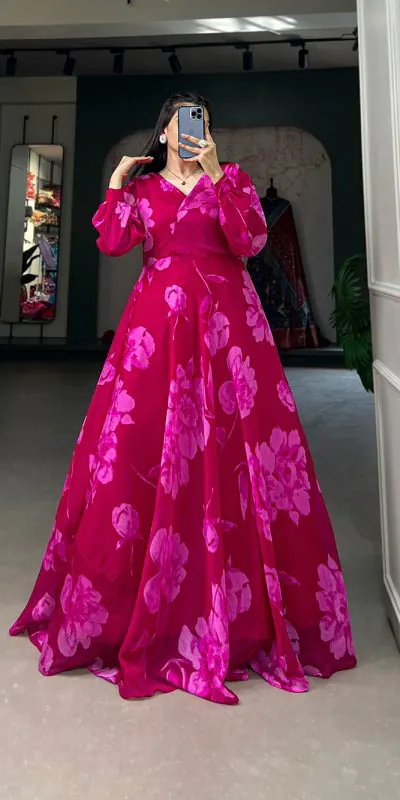 YNF 5011 Pink Color Chiffon Floral Printed Party Wear Gown Casual, Wedding, Party, Festive, Events Etc. Expected Delivery 4-6 Working Days @1499/- | Bollywood Gowns, Creative Gowns, Designer Gowns, Embroidered Gowns, Gowns, Party Wear Gowns