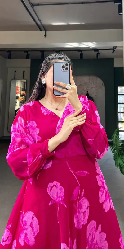 YNF 5011 Pink Color Chiffon Floral Printed Party Wear Gown Casual, Wedding, Party, Festive, Events Etc. Expected Delivery 4-6 Working Days @1499/- | Bollywood Gowns, Creative Gowns, Designer Gowns, Embroidered Gowns, Gowns, Party Wear Gowns