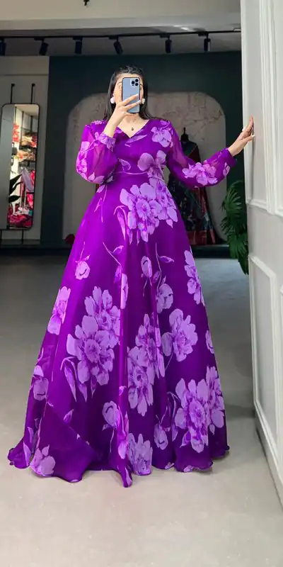 YNF 5011 Purple Color Chiffon Floral Printed Party Wear Gown Casual, Wedding, Party, Festive, Events Etc. Expected Delivery 4-6 Working Days @1499/- | Bollywood Gowns, Creative Gowns, Designer Gowns, Embroidered Gowns, Gowns, Party Wear Gowns