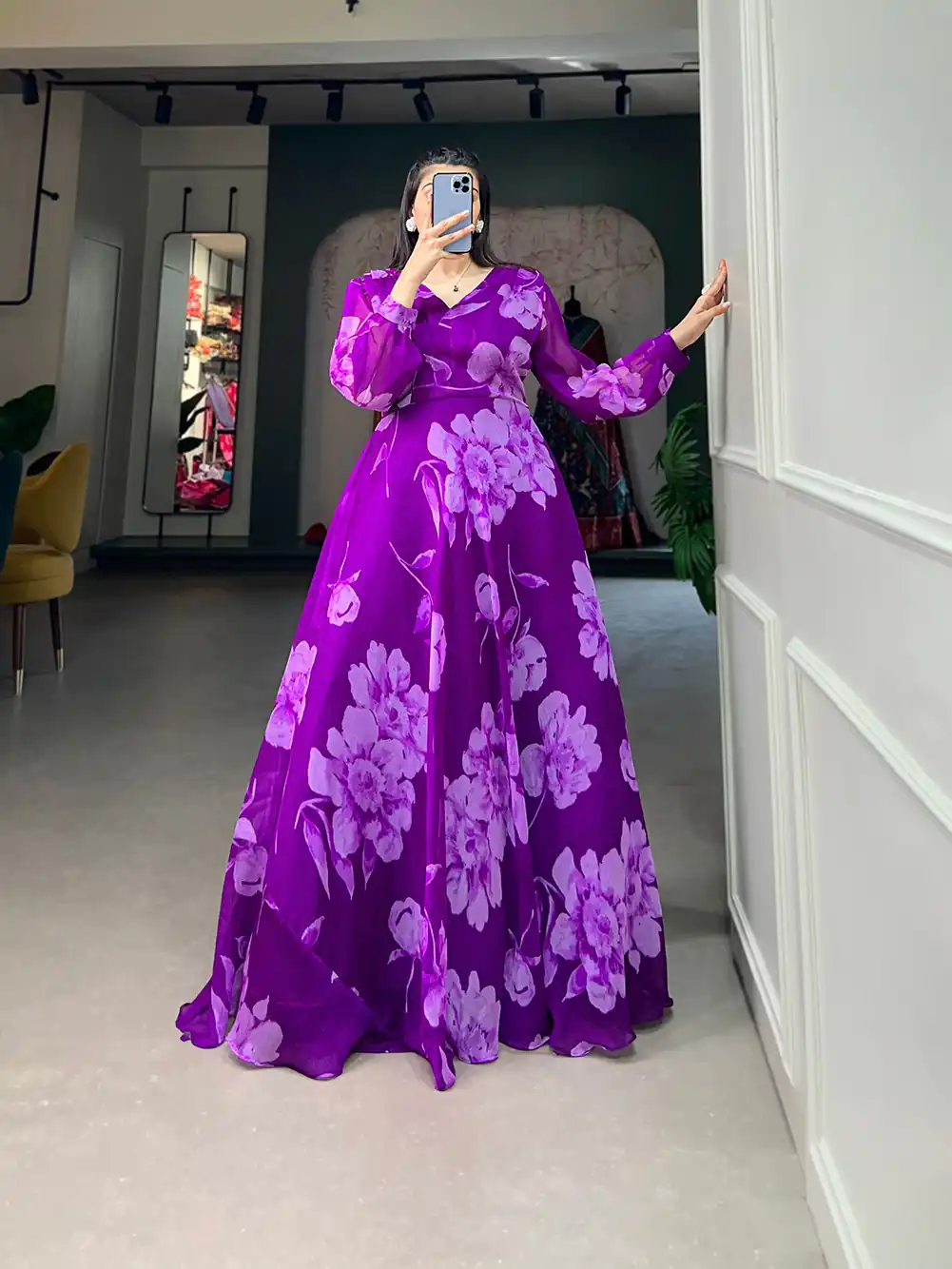 YNF 5011 Purple Color Chiffon Floral Printed Party Wear Gown Casual, Wedding, Party, Festive, Events Etc. Expected Delivery 4-6 Working Days @1499/- | Bollywood Gowns, Creative Gowns, Designer Gowns, Embroidered Gowns, Gowns, Party Wear Gowns