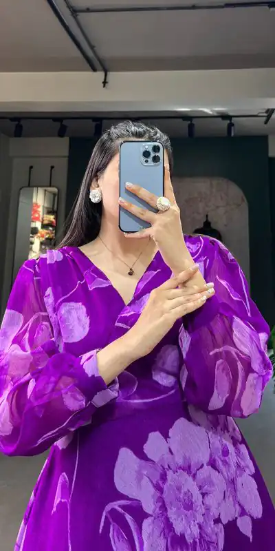 YNF 5011 Purple Color Chiffon Floral Printed Party Wear Gown Casual, Wedding, Party, Festive, Events Etc. Expected Delivery 4-6 Working Days @1499/- | Bollywood Gowns, Creative Gowns, Designer Gowns, Embroidered Gowns, Gowns, Party Wear Gowns