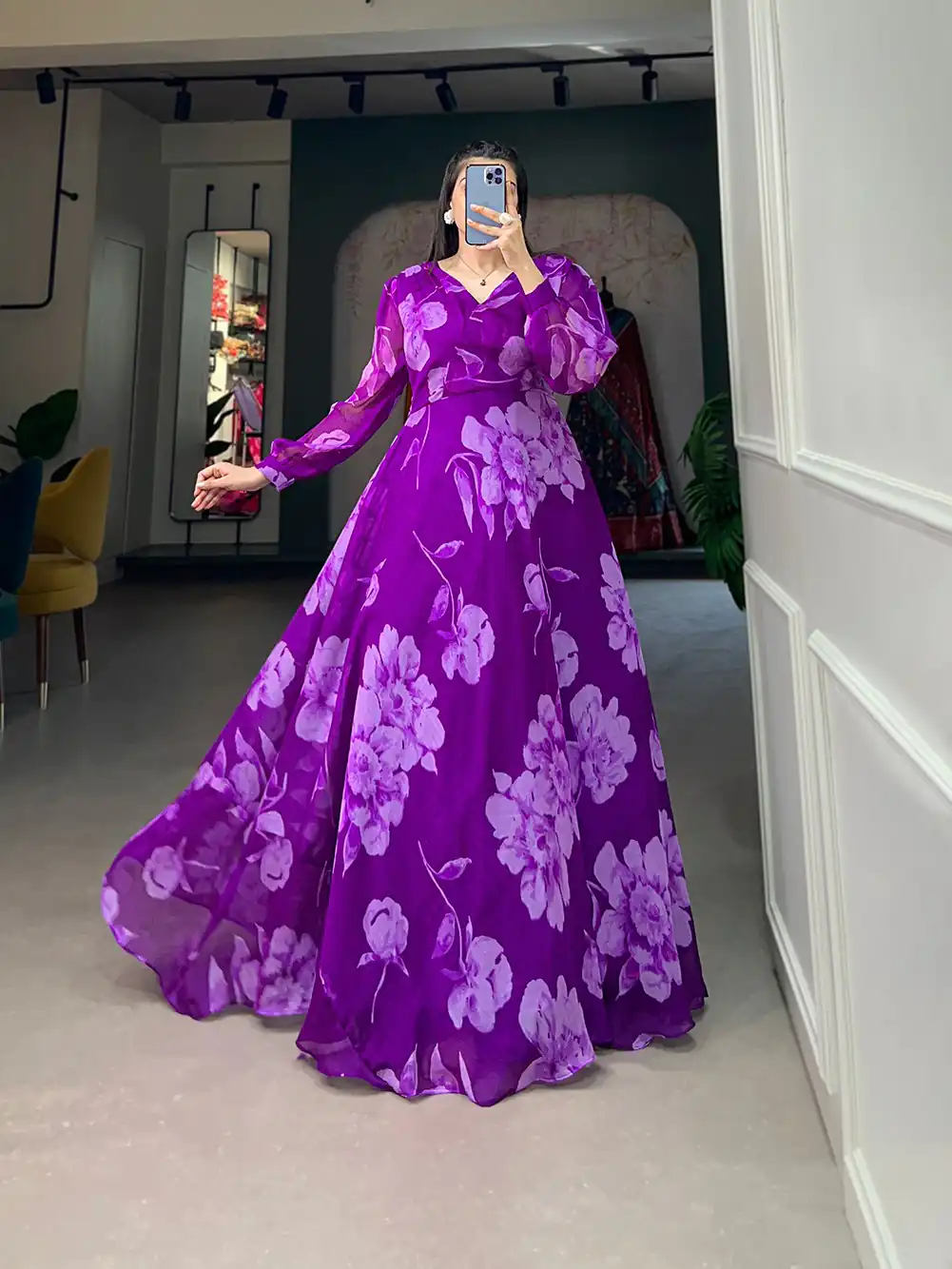 YNF 5011 Purple Color Chiffon Floral Printed Party Wear Gown Casual, Wedding, Party, Festive, Events Etc. Expected Delivery 4-6 Working Days @1499/- | Bollywood Gowns, Creative Gowns, Designer Gowns, Embroidered Gowns, Gowns, Party Wear Gowns