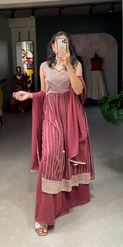 YNF 3503 Red Color Top : Georgette Work : Embroidery Sequence Work Inner : Micro Cotton .Traditional Wear, Events. @1849/- | Bollywood Gowns, Creative Gowns, Designer Gowns, Embroidered Gowns, Gowns, Party Wear Gowns